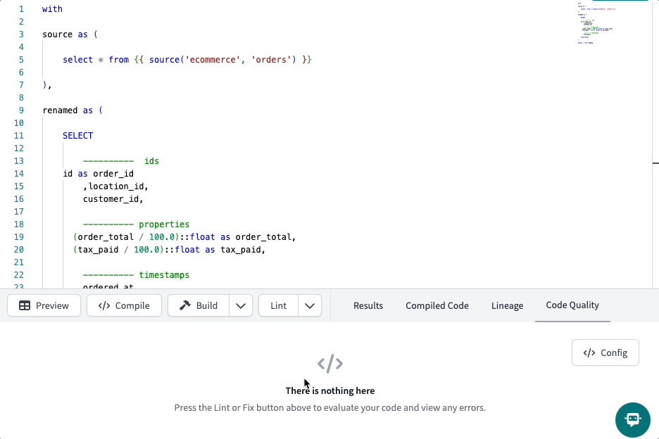 Use SQLFluff to lint/format your SQL code, and view code errors in the Code Quality tab.